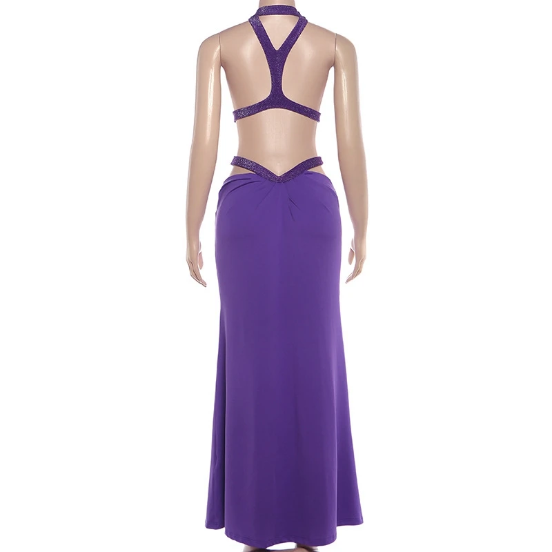 STYLISH LADY Cut Out Party Dress 2025 Summer Women Halter Backless Bodycon Elegant OL Solid Holiday Maxi Dresses