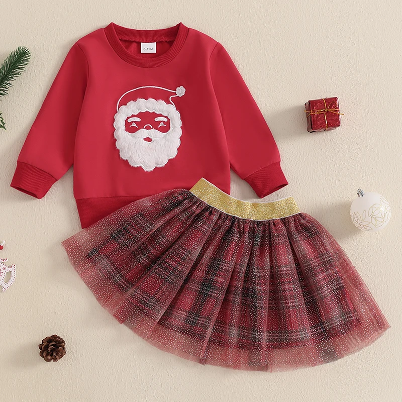 1-4Years Kids baby Girl Christmas Outfits Cute Santa Embroidery Long Sleeve Sweatshirts and Plaid Mini Skirts Toddlers 2PCS  Set