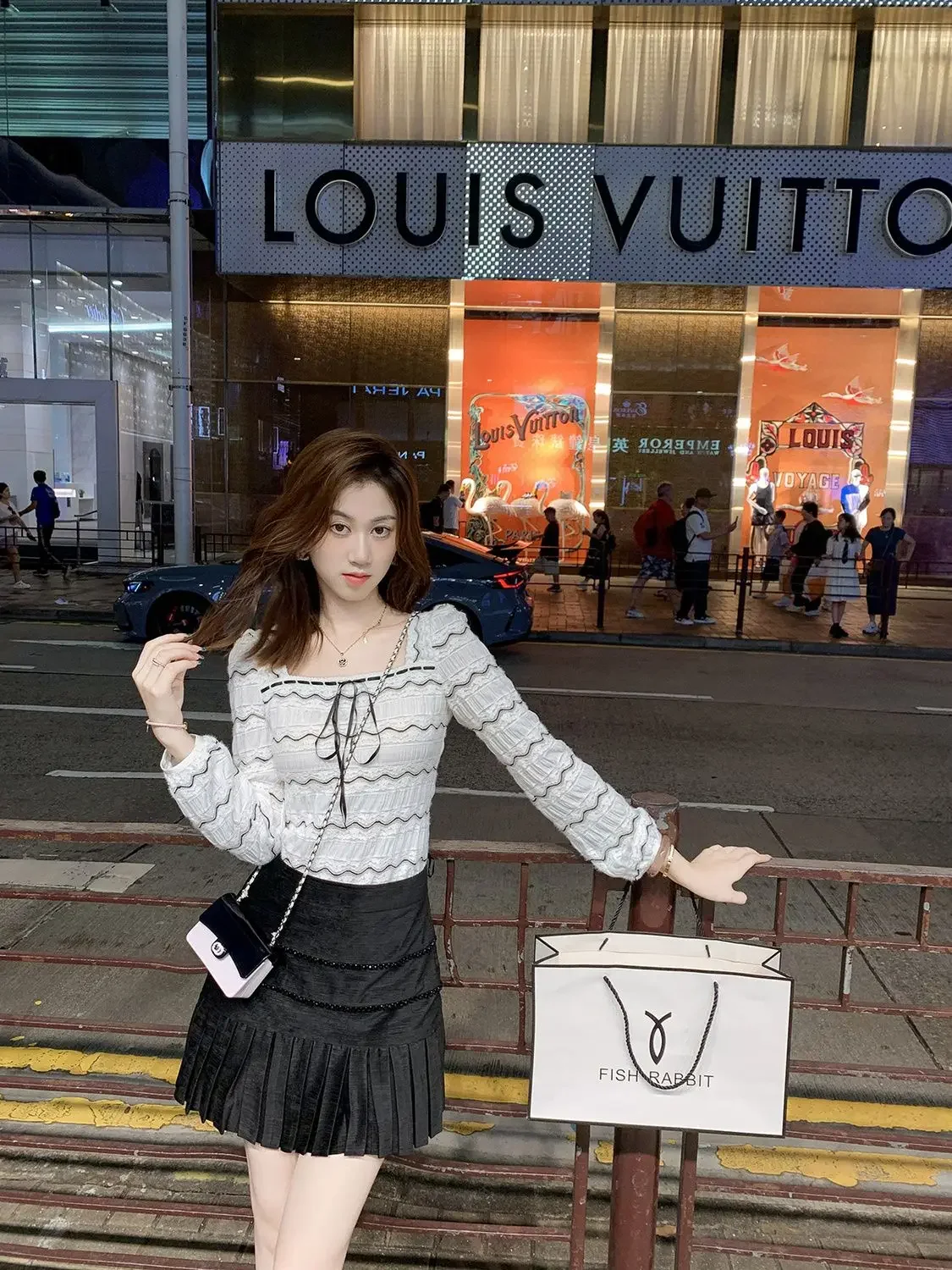 High End Temperament Square Collar Striped Lace Shirt for Women's New Style Small Fragrance Versatile Long Sleeved Base Top