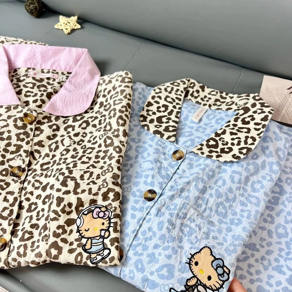 

2Pcs Anime Sanrio Hello Kitty Girls Pajamas Set Leopard Print Women Sweet Lapel Tops Pants Pink Collar Sleepwear Soft Loungewear