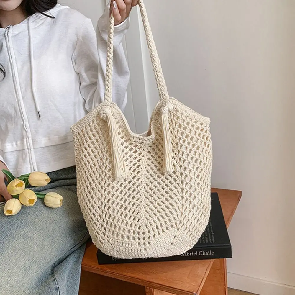 

Модная соломенная вязаная сумка на плечо, богемная ажурная вязаная крючком сумка-тоут для отдыха, милая тканая сумка для отдыха, отпуск