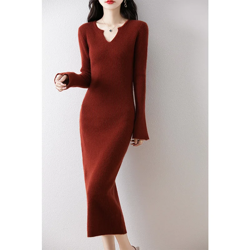 Dresses On Offer Clearance Free Shipping Women\'s Dresses 100% Wool Knitted Jumpers 2024 Winter V-neck Long Dress Pullovers