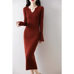 Dresses On Offer Clearance Free Shipping Women's Dresses 100% Wool Knitted Jumpers 2024 Winter V-neck Long Dress Pullovers