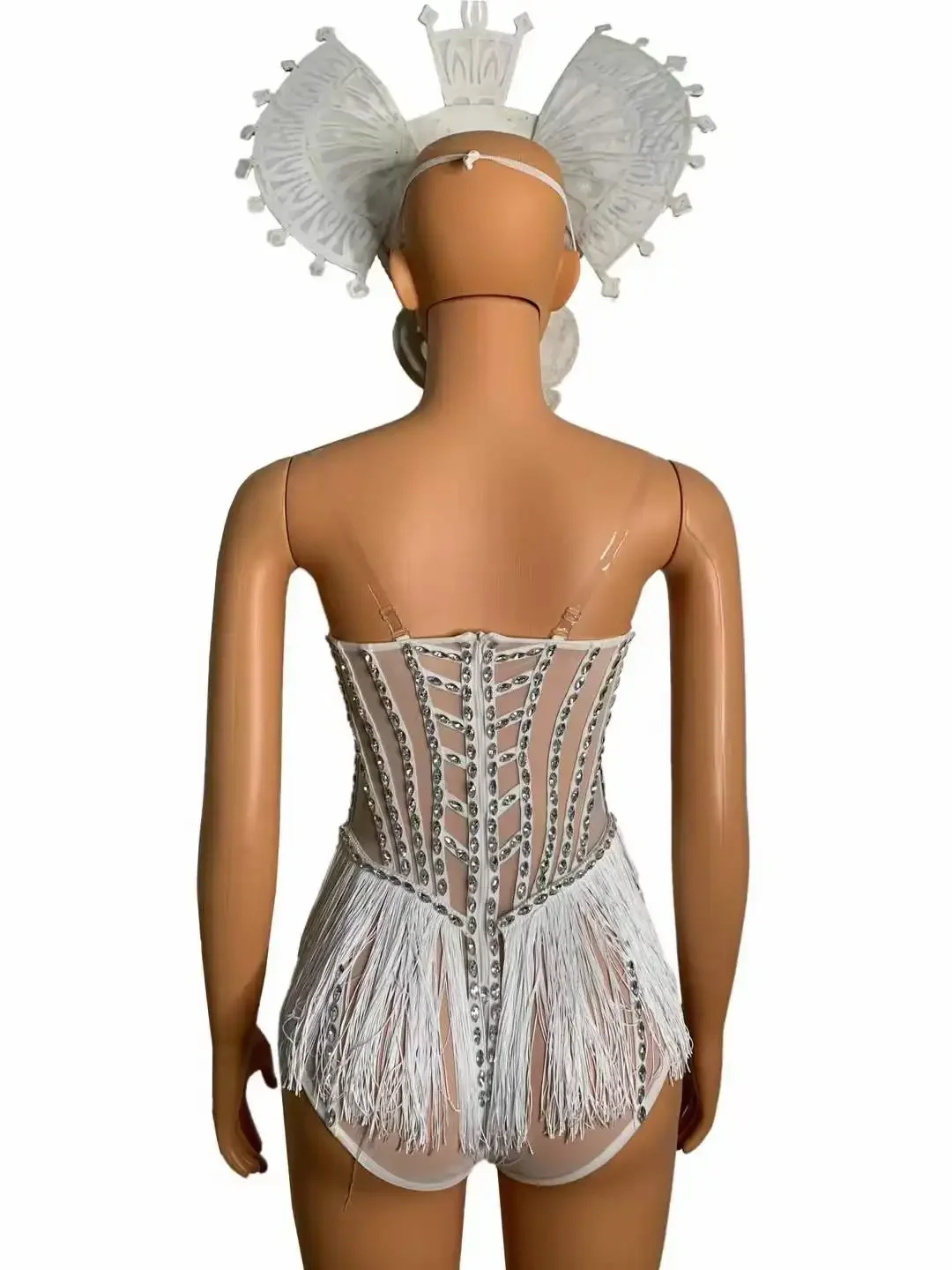 Only Bodysuits White See Through Fringe Women Body Suits Rhinestone Drag Queen Costume Cheerleading Group Dance Wear