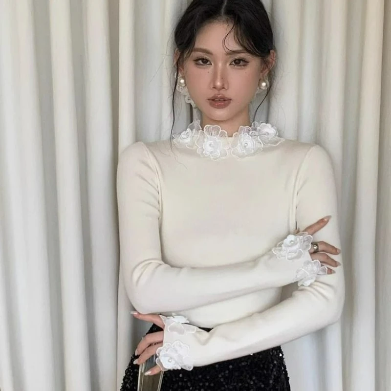 

Модный французский элегантный женский свитер с цветочным декором, облегающий силуэт, вязаный, с эффектом высокого класса, новинка осень-зима 2026