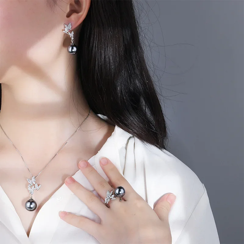 

S925 Silver Plated 18K Gold Plated PT950 Platinum Gray Shell Beads Fashion Butterfly Handmade Diamond Set 14mm12mm