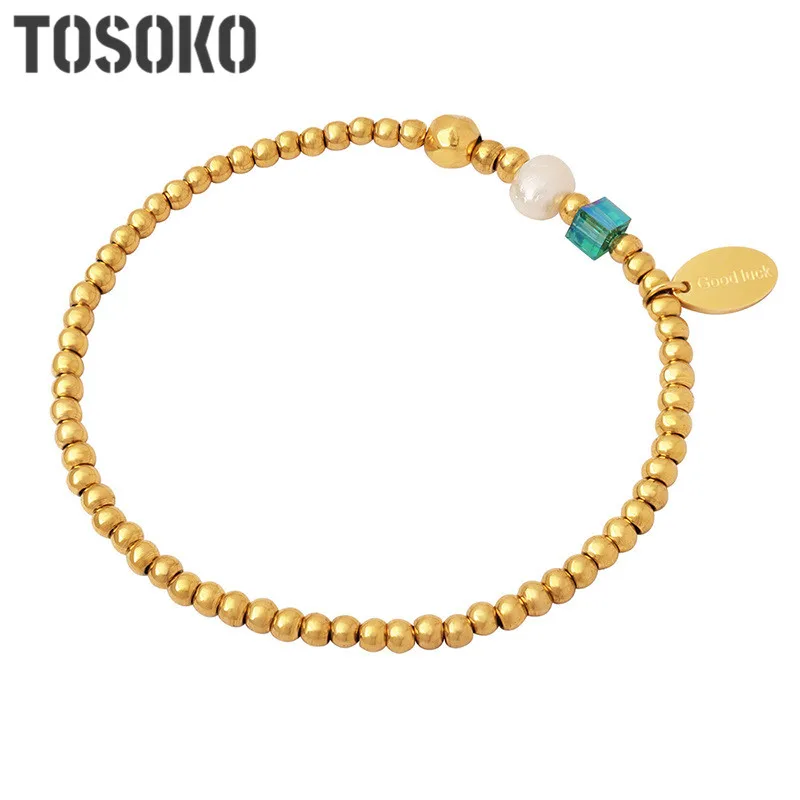 

TOSOKO Stainless Steel Jewelry English Alphabet Freshwater Oval Pearl Steel Ball Bracelet Women's Sweet Bracelet BSE351