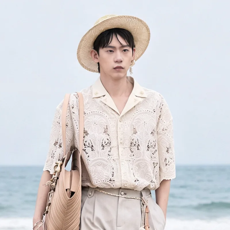 WVGA Summer New Men Resort Style Vintage Hollow Out Embroidery Short Sleeve Shirt Niche Chic Casual Cuban Collar Tops Ins W25850