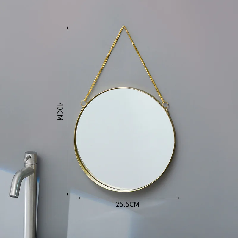 Nordic Round Wall Mounted Mirror with Metal Strap, Hanging Ornament, Salon, Bathroom, Bedroom Decor, Makeup Mirror