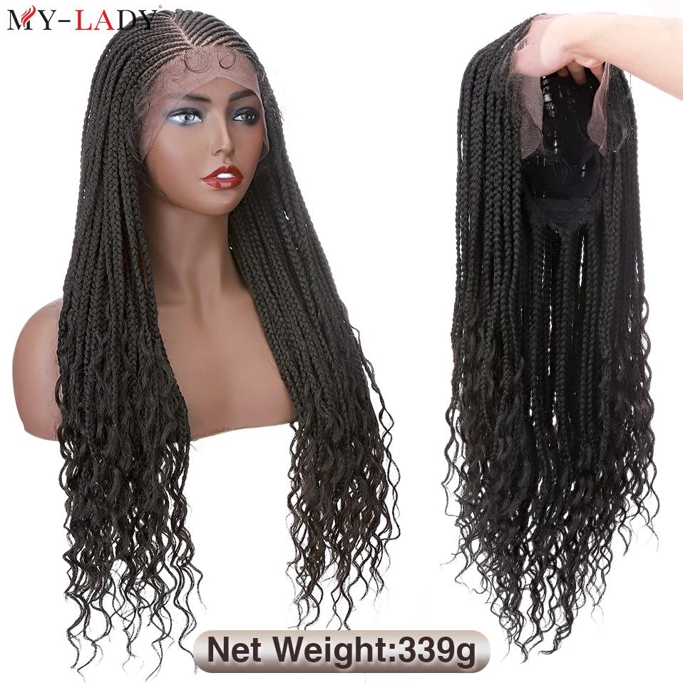 My-Lady-Perruques synthétiques tressées Cornrow pour femmes noires, perruque avant en dentelle, boîte tressée Frmetals, longs bouts bouclés, cheveux afro, 28 po