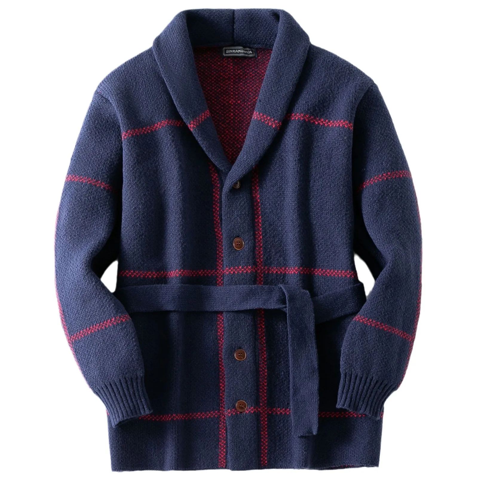 

Vintage Line Jacquard Knitted Jacket Long Sleeved Cardigan With Belt Autumn Winter Thickening Medium Long Knit Coat Sweater