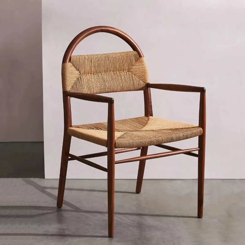 

Nordic simple solid wood dining chair designer living room casual armrest back chair Chinese retro rattan study chair