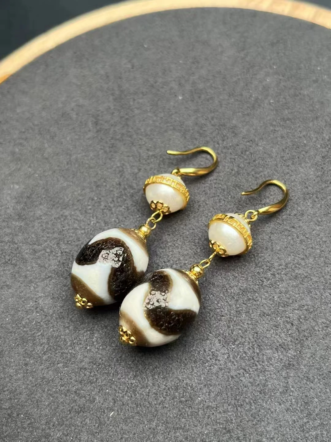 Tiger Tooth Old Agate Dzi Bead Pearl 925 Silver natural Stone Women's Earrings  jewelry accessories