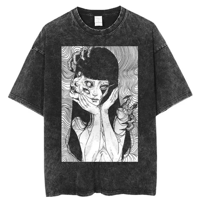 Horror Manga Tomie Washed T-shirt Streetwear Trendy Cotton Oversized Unisex Printed Cotton Neutral O-Neck Short Sleeve Couples