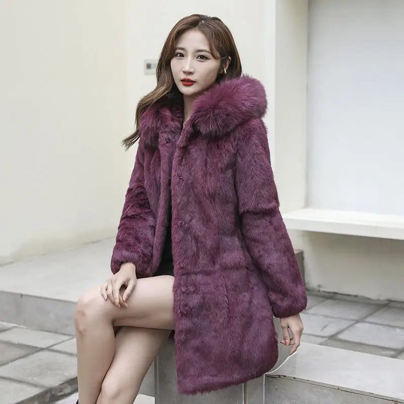 

Fur coat female whole skin rabbit fur long fox fur hooded