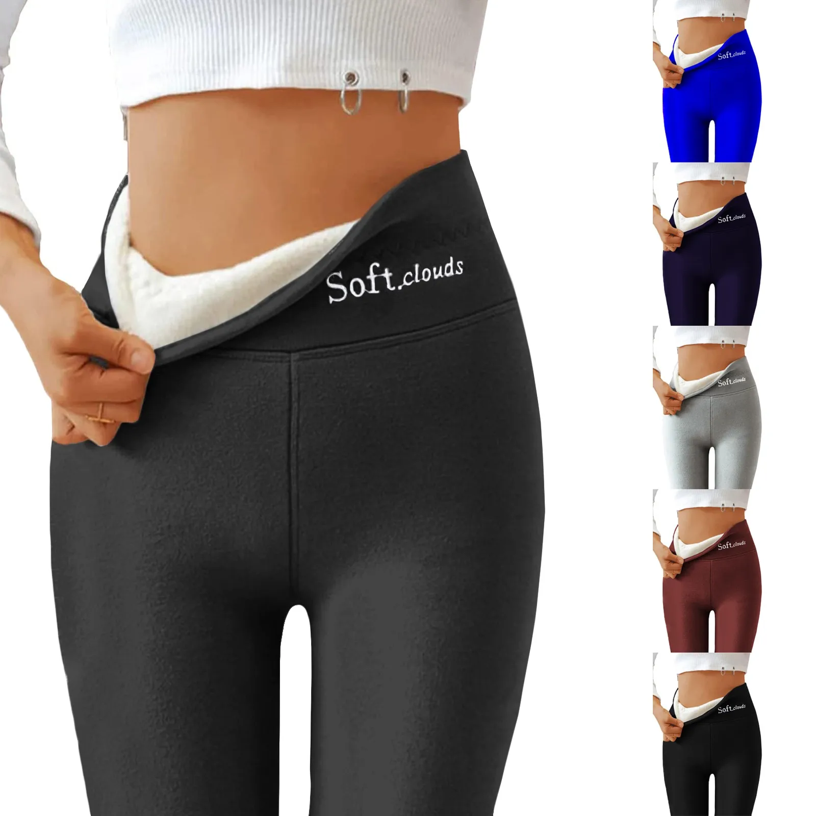 Plush Lined Leggings Warm And Cozy Sherpa Leggings For Women-Solid Color High Waist Skinny Long Pants Perfect For Winter Sports