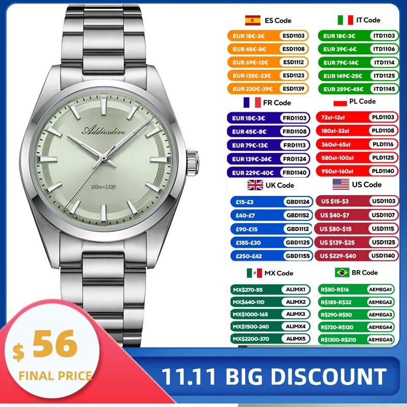 ADDIESDIVE Hot AD2066 Men's Watch 36mm Bubble Mirror Glass VH31 Quartz Watches Luminous Waterproof Wristwatch Reloj Hombre