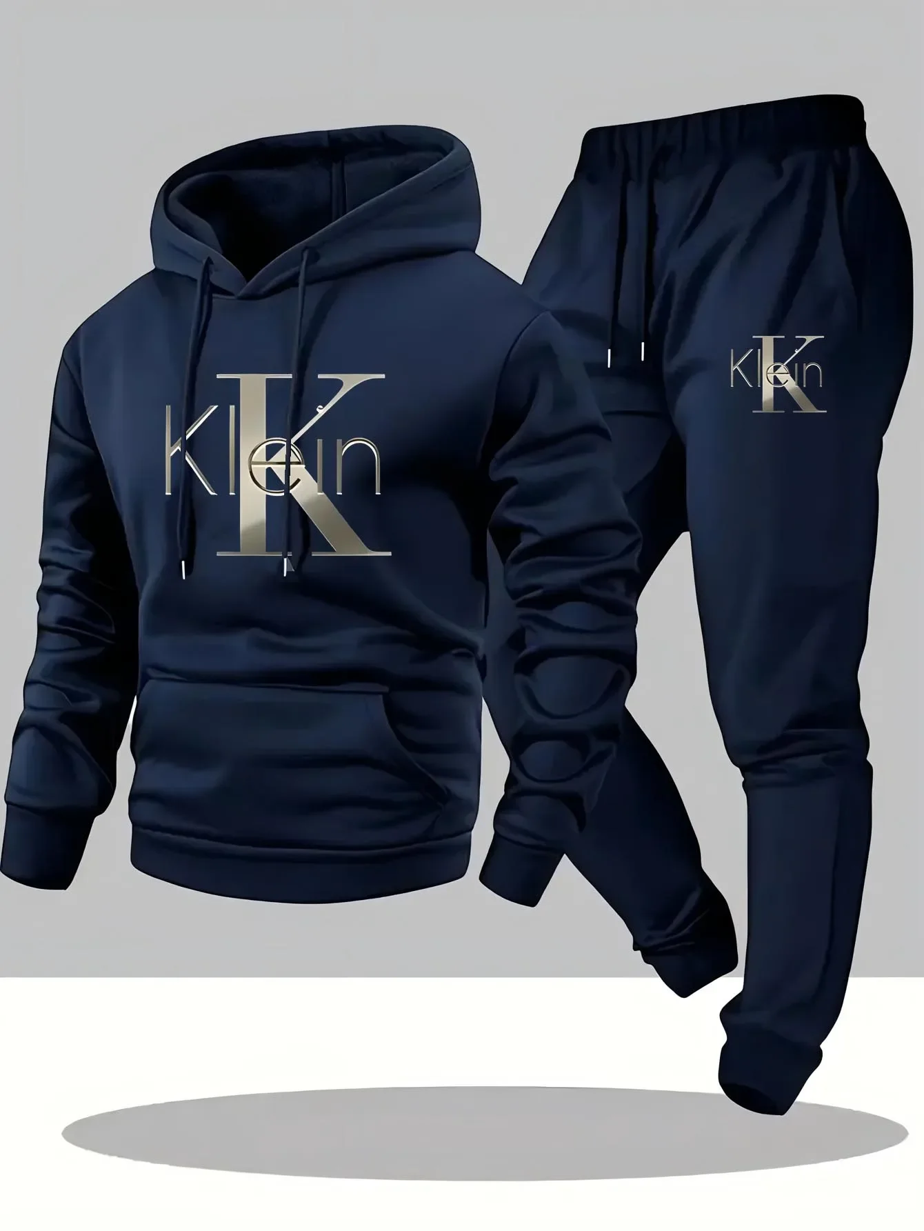 Men's Casual Two-Piece Set Autumn Winter Pattern Hoodie Sweatshirt & Long Pants Outdoor Sports Suit with Pockets Regular Fit
