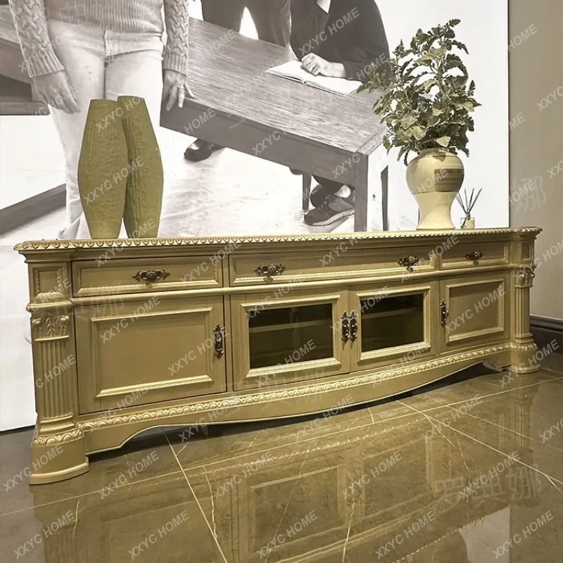 TV cabinet combination luxury full solid wood carving flower living room size apartment furniture