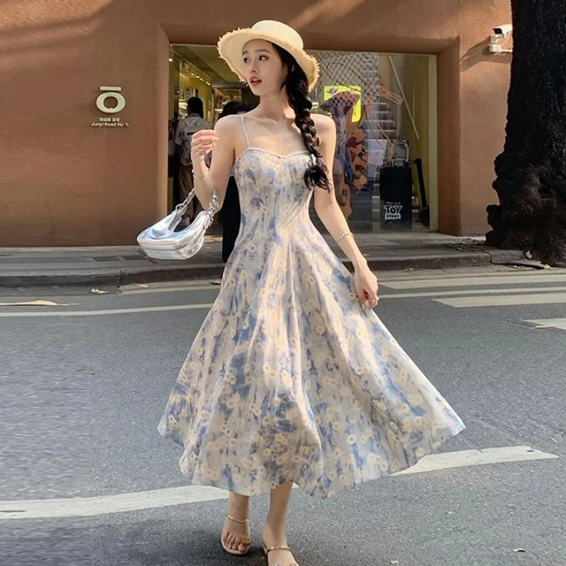 

Blue Floral Dresses Korean Style Fashionable Design Sleeveless Women Dress Slimmer Backless Suspender Summer Beach Long Skirt