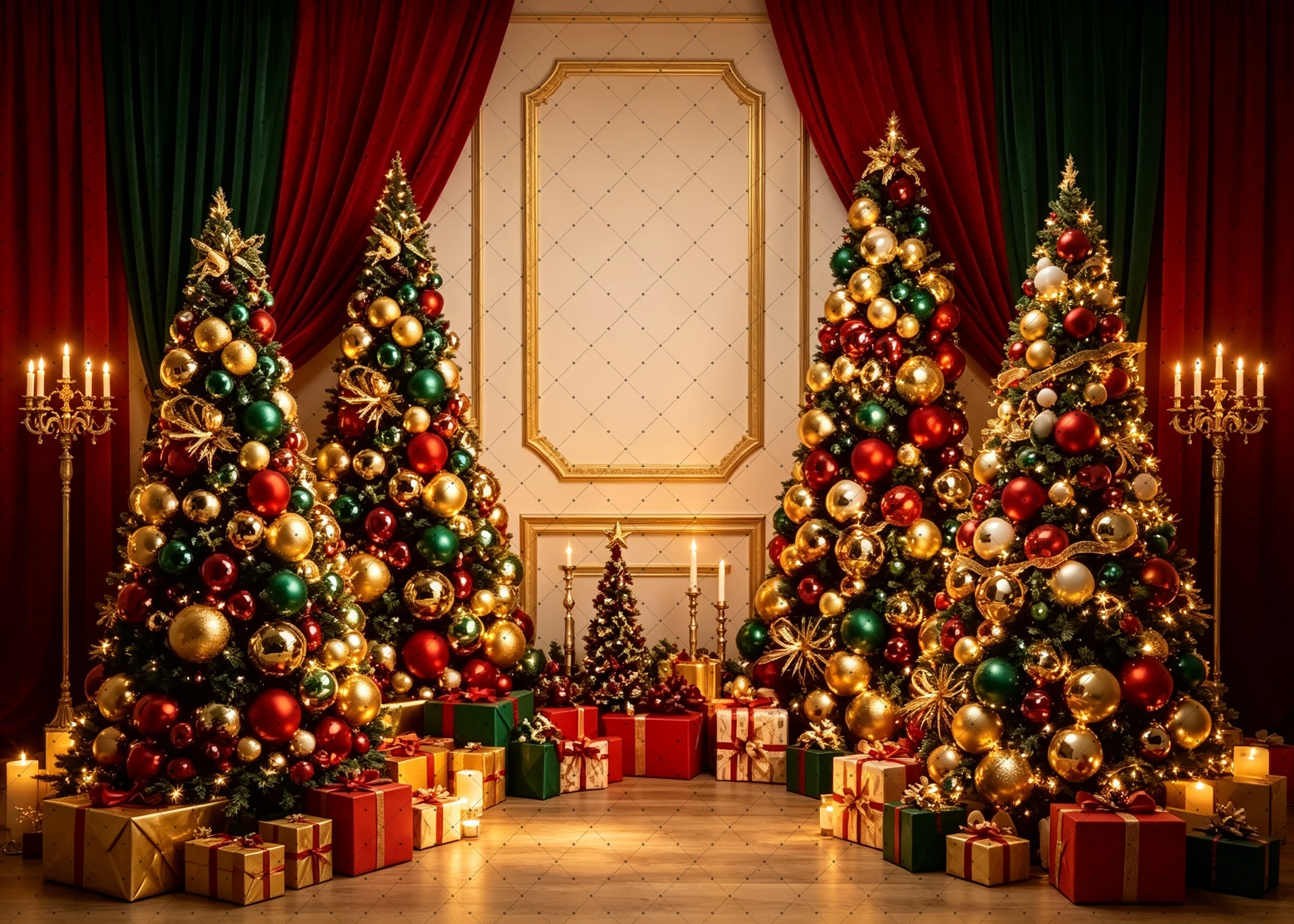 Christmas Photo Backdrop Luxury Room Red Green Curtain Xmas Tree Ornament Gift Candle Winter Family Portrait Studio Background