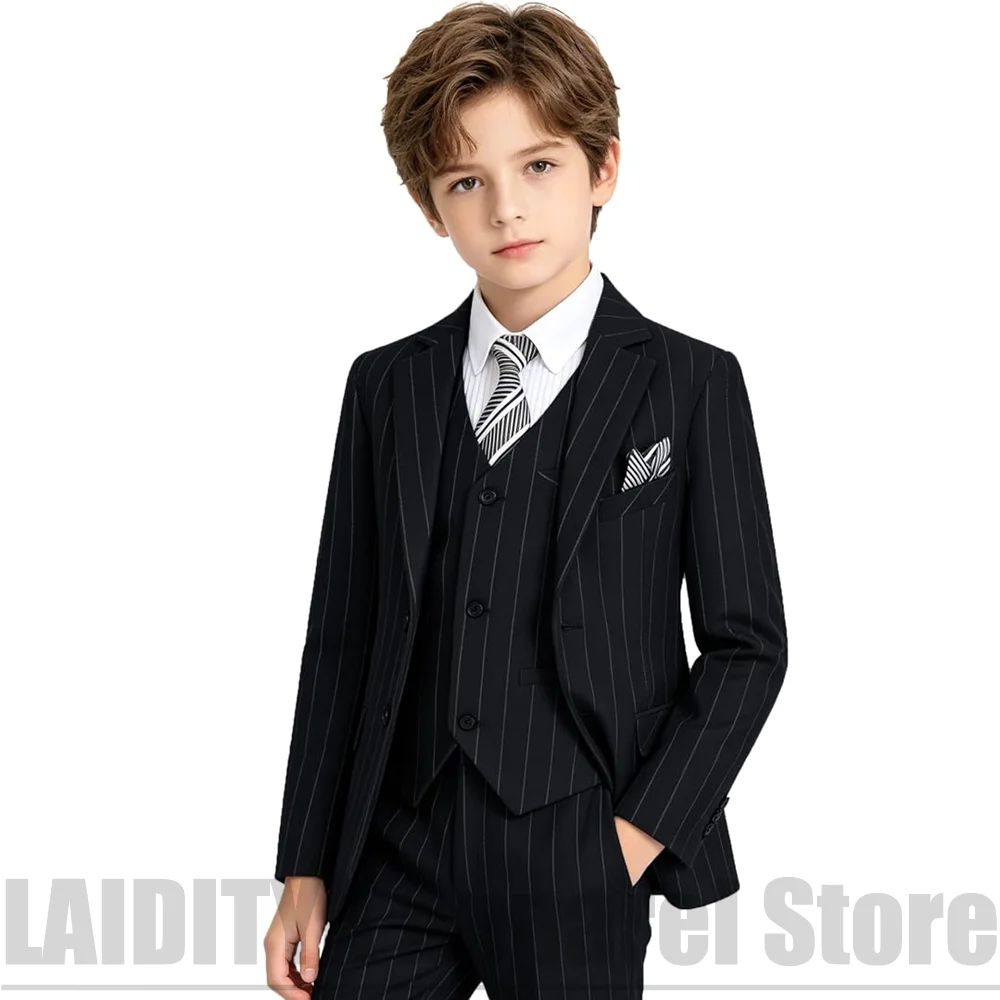 Boys Black Striped 3 Piece Suit Set Fashion Blazer Vest Pants Kids Outfit For Wedding Birthday Party Formal Occasion Wear