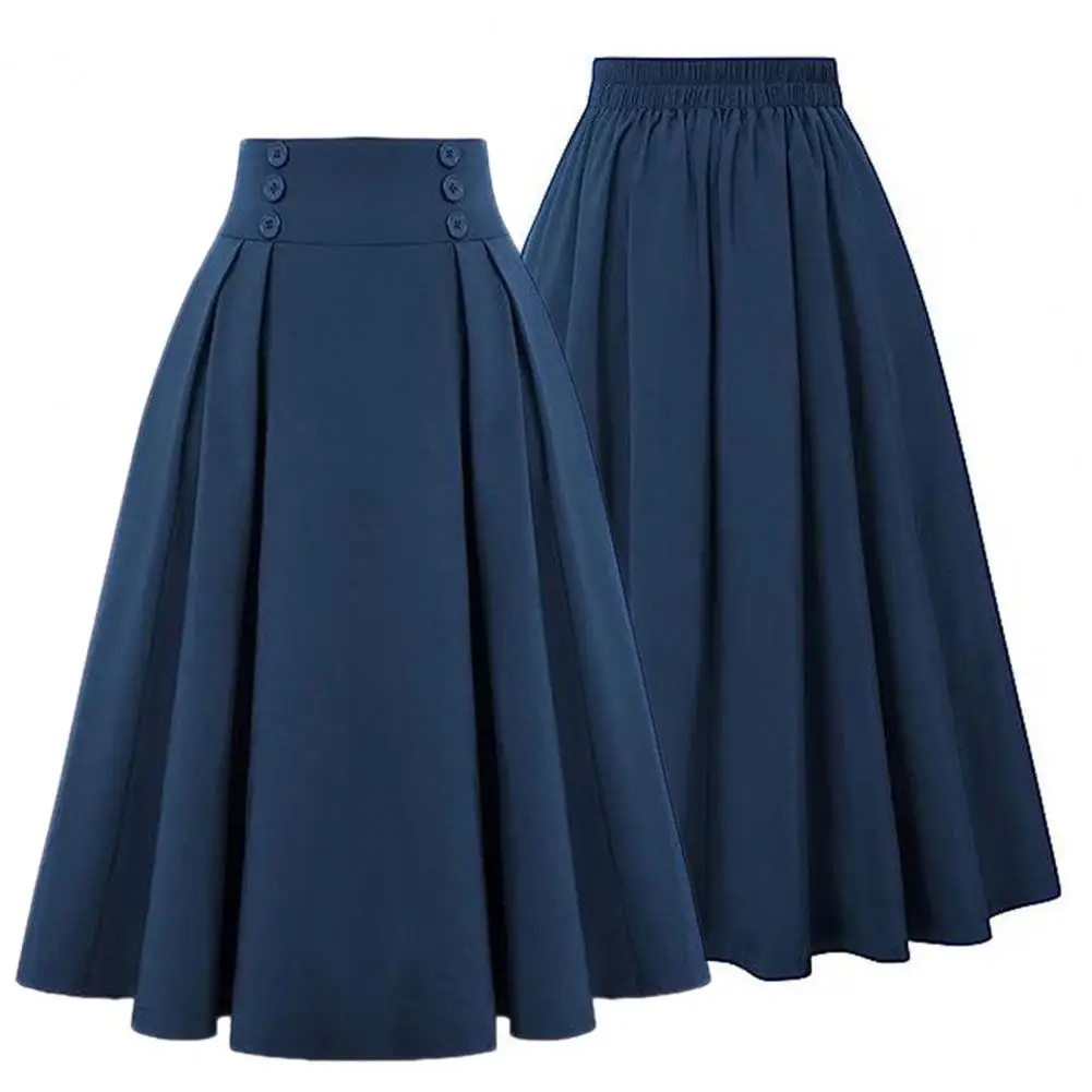 

Elastic Waist Skirt High Waist A-line Midi Skirt Buttoned Office Lady Workwear with Pockets Solid Color Elegance for Women High