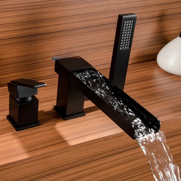 Heißer und kalter Vollkupfer-Seitenhahn mit geteiltem Zylinder, Badewannenhahn, dreiteiliges Waschbecken-Set