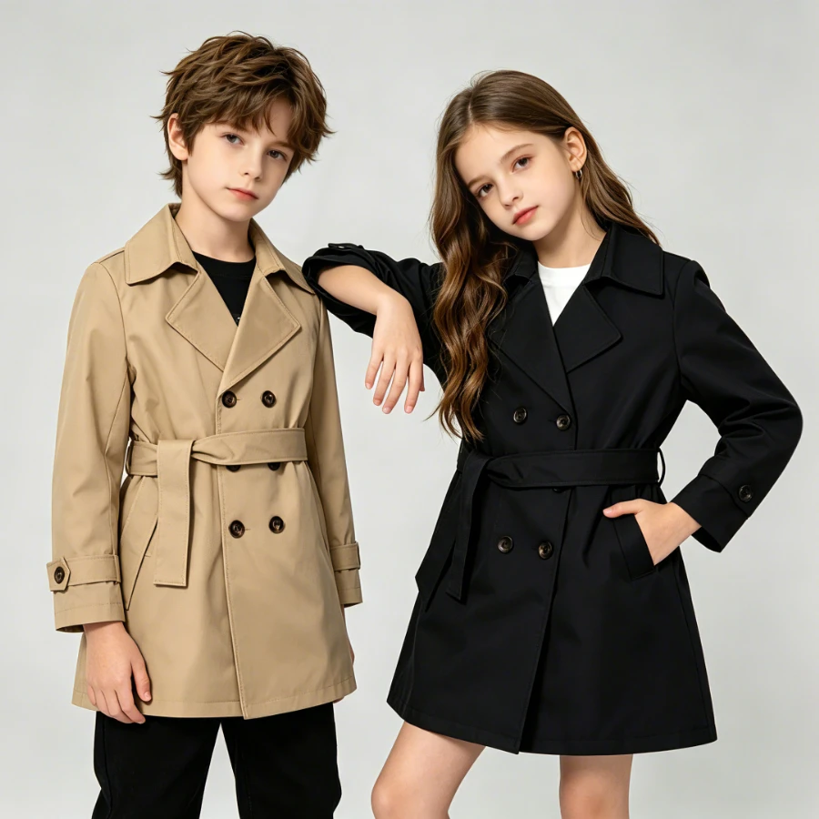 Unisex Kids Double Breasted Trench Coat Belted Lapel Long Sleeve Windproof Jacket Khaki Black Multi Color Spring Fall Outerwear
