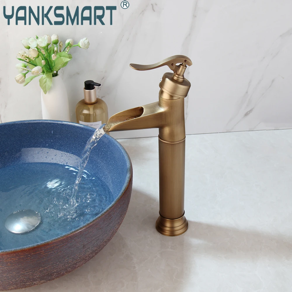 

YANKSMART Antique Brass Bathroom Faucet Vessel Mixer Water Tap Waterfall Spout Hot And Cold Deck Mounted Faucets Washbasin Taps