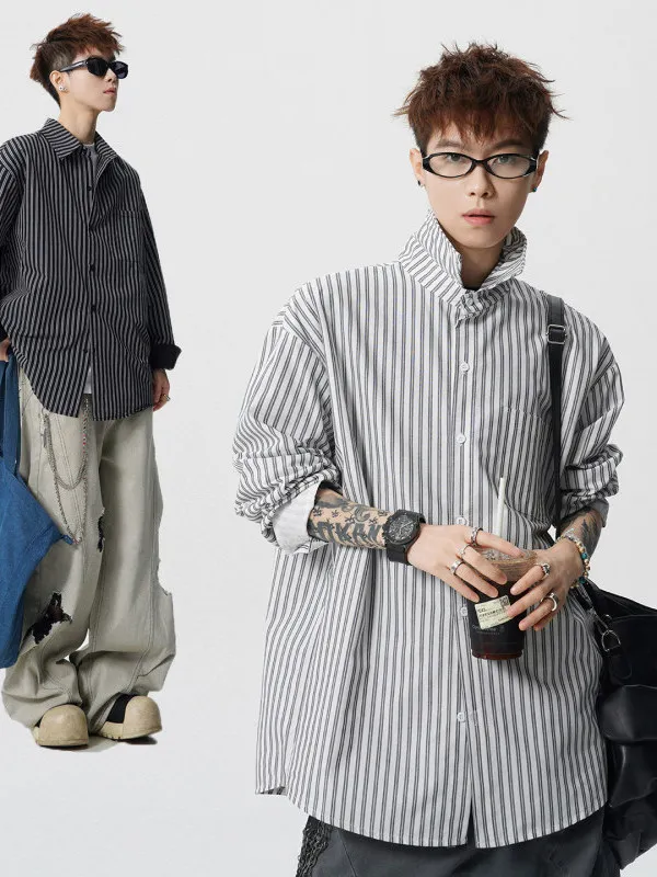 

TANGZ Studio American Retro Striped Patchwork Men's Long Sve irt Spring Design Versatile Commute Top Casual Sle Cotton...