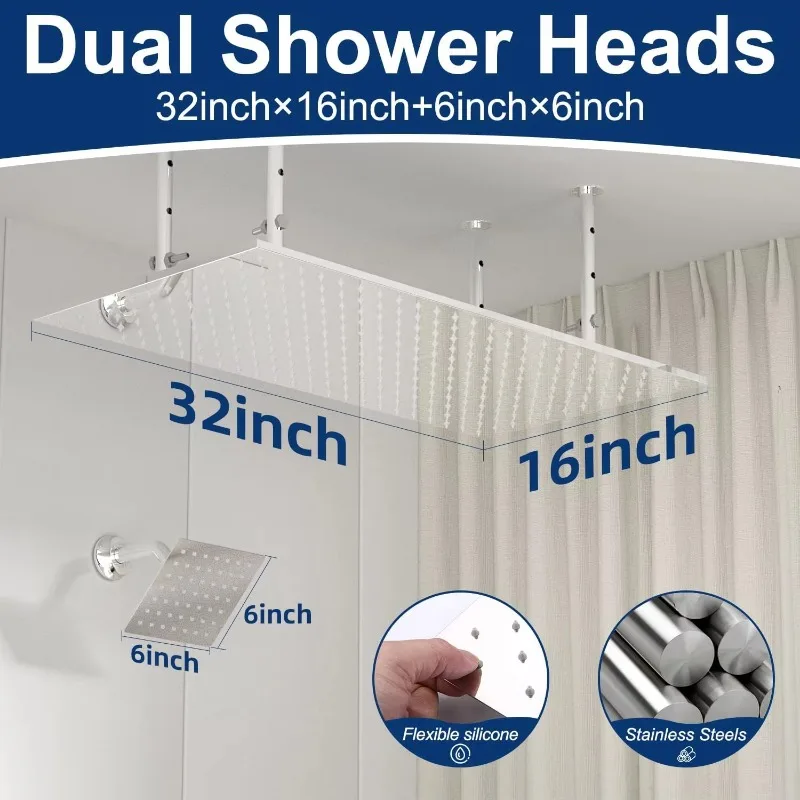 Overhead Shower Set 3 Handle LED 16x32 Inch Ceiling Mount Rainfall 6 Inch Wall Head 4 Function Square Shower Head