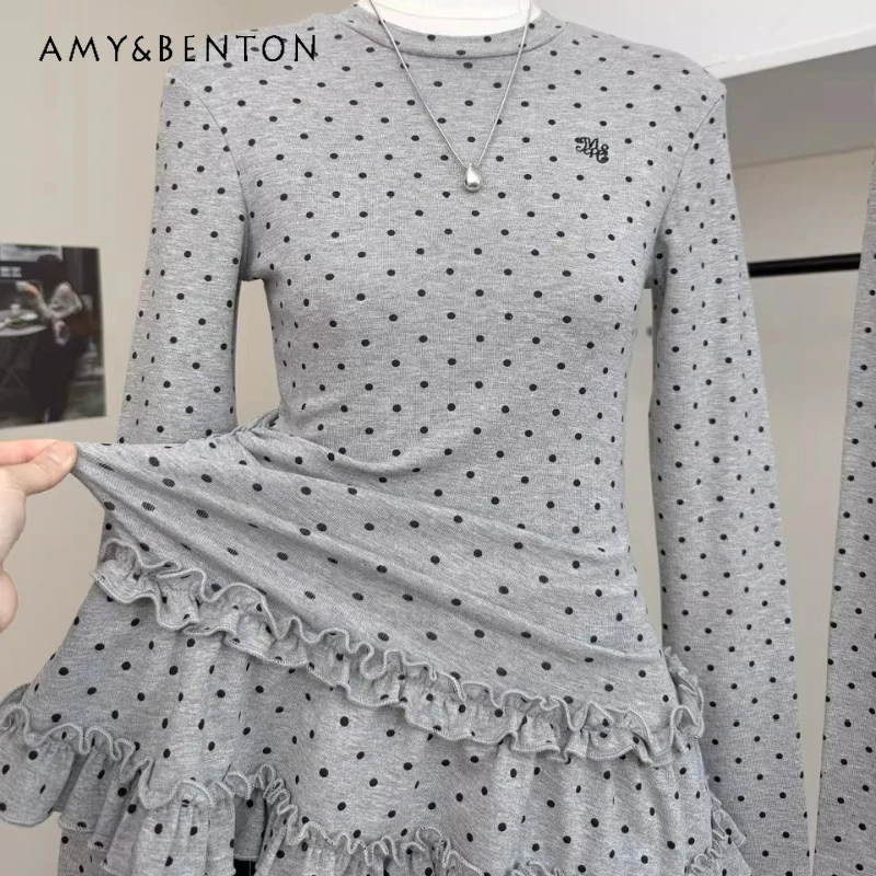 

Юбка в горошек в американском стиле ретро, многослойная женская футболка с длинными рукавами и подолом, осень-зима, универсальная повседневная нижняя рубашка, женская