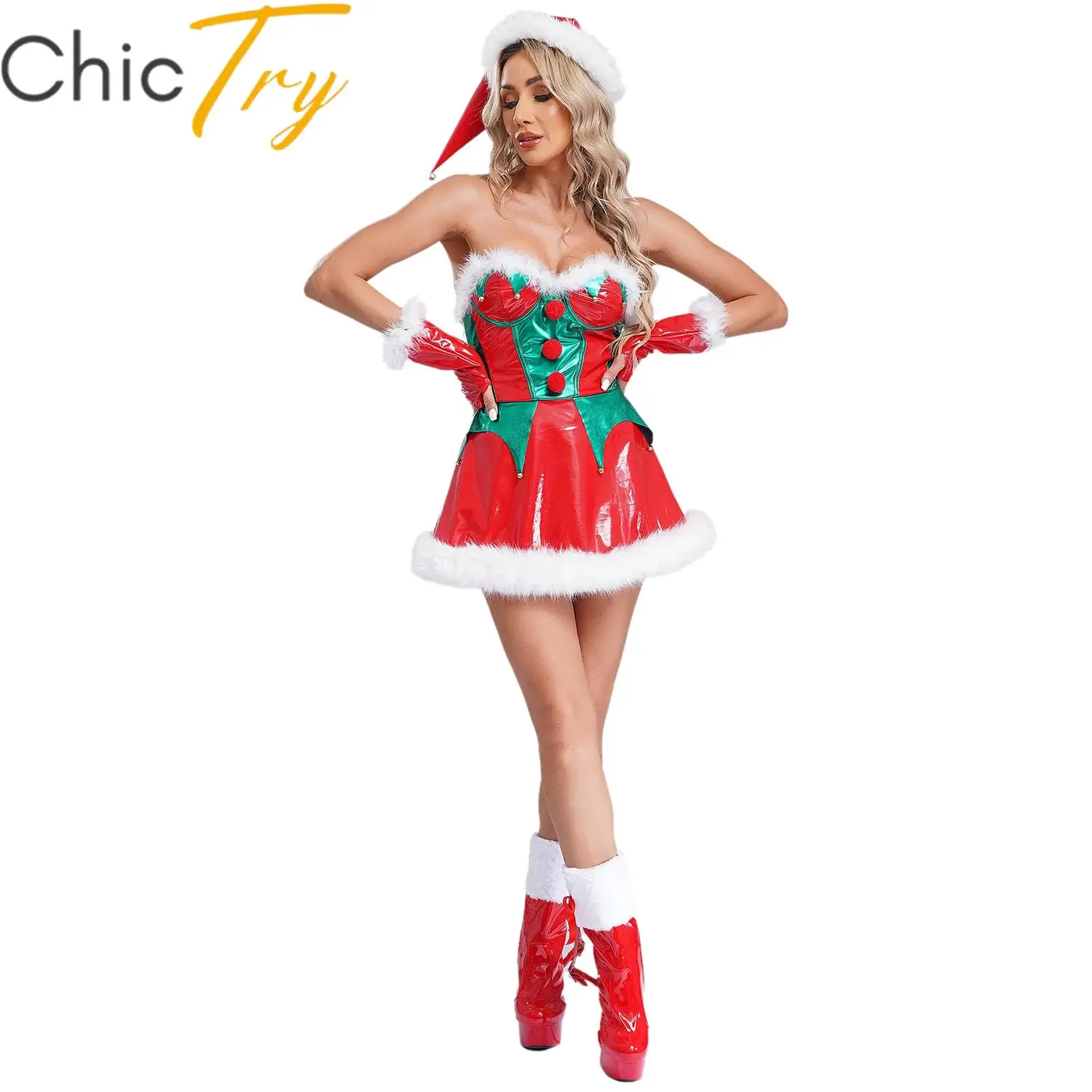 Women's Christmas Costume Elf Xmas New Year Strapless Mini Dress with Arm Sleeves with Santa Hat Set Mrs Claus Party Costume