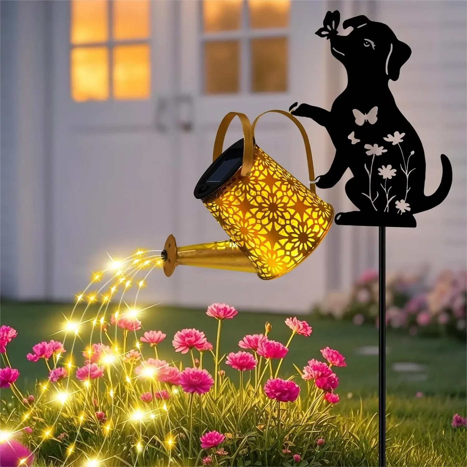 

Solar Garden Decor Lights, Outdoor Waterproof Solar Watering Can with Cascading Lights, Metal Dog Silhouette Stake Yard Art