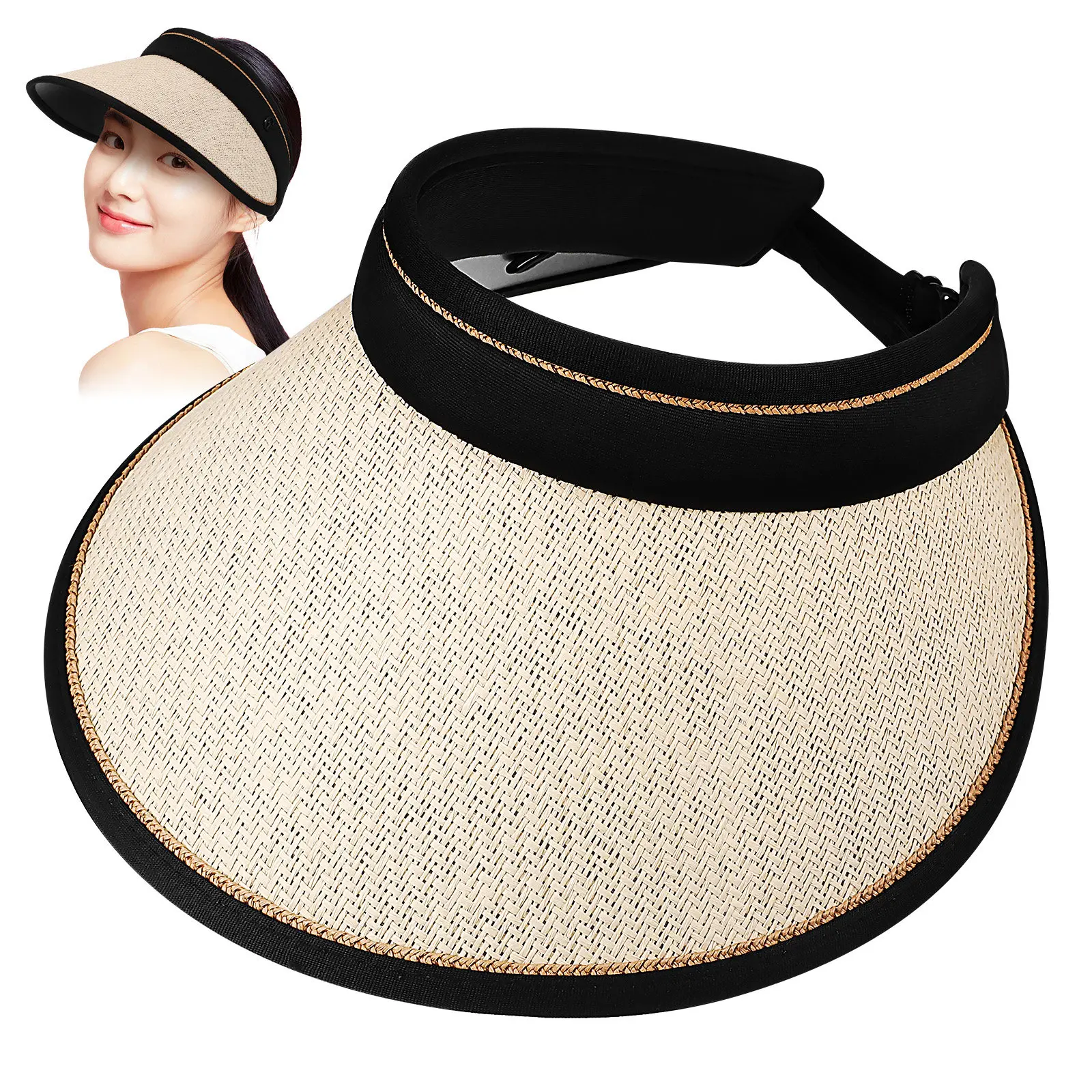 Foldable Straw Sun Visor Hat Wide Brim Empty Top Elastic Closure Beach Hat Summer Sun Protection Cap for Women