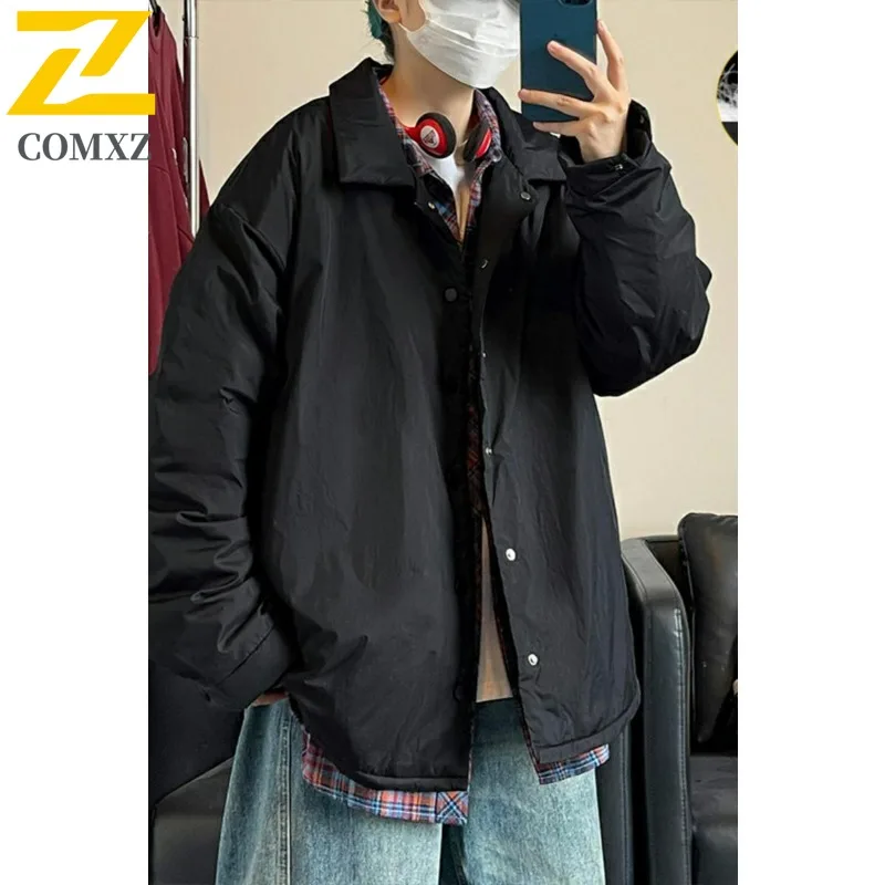 COMXZ Short Down Jacket Men Shirt Collar Design Hiking Travel Windproof Parka Single Breasted Design Lightweight Winter Coat