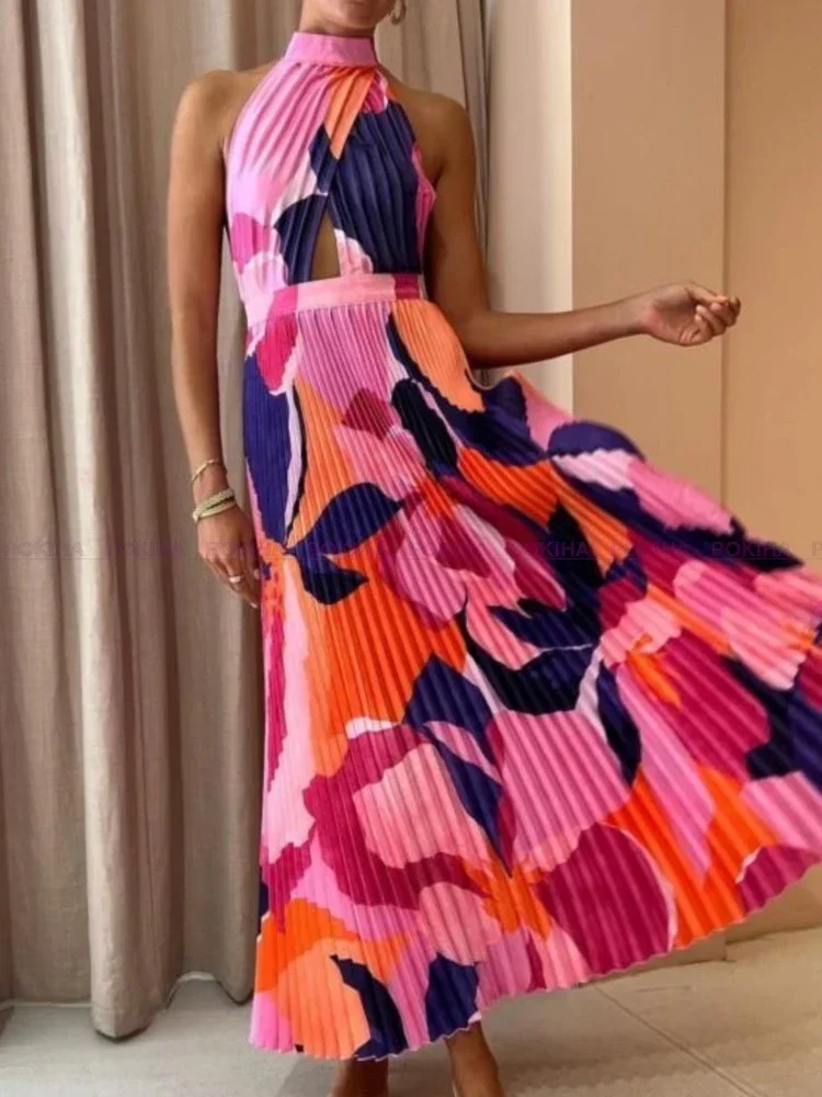 Robe longue imprimée dos nu à la mode pour femmes, robe à gros ourlet, robe maxi dos nu, robe trapèze élégante, vacances décontractées