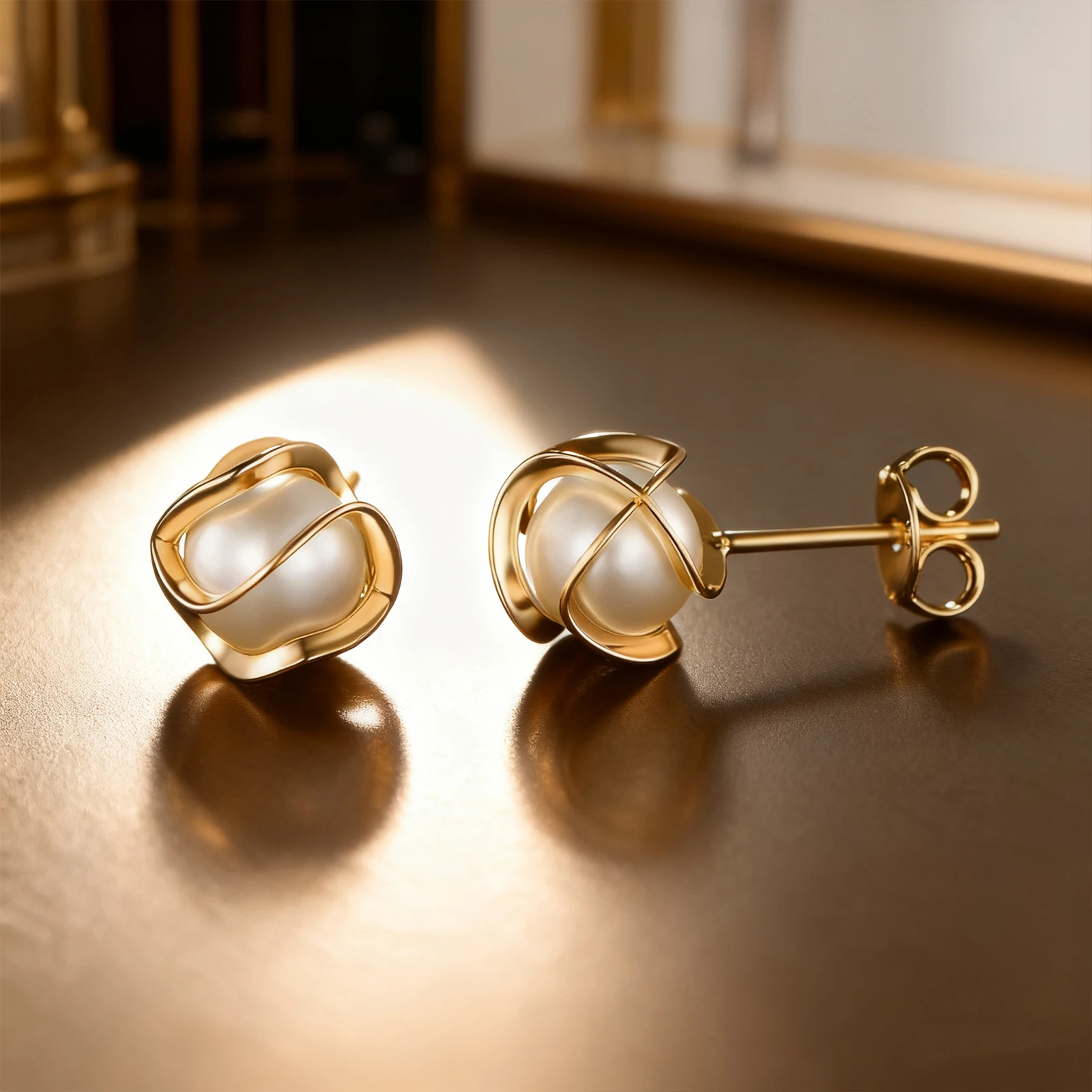 Twisted Cage Design 18K Gold-Plated Pearl Earrings, Elegant Retro Style Fashion Accessories, Perfect Gift for Brides