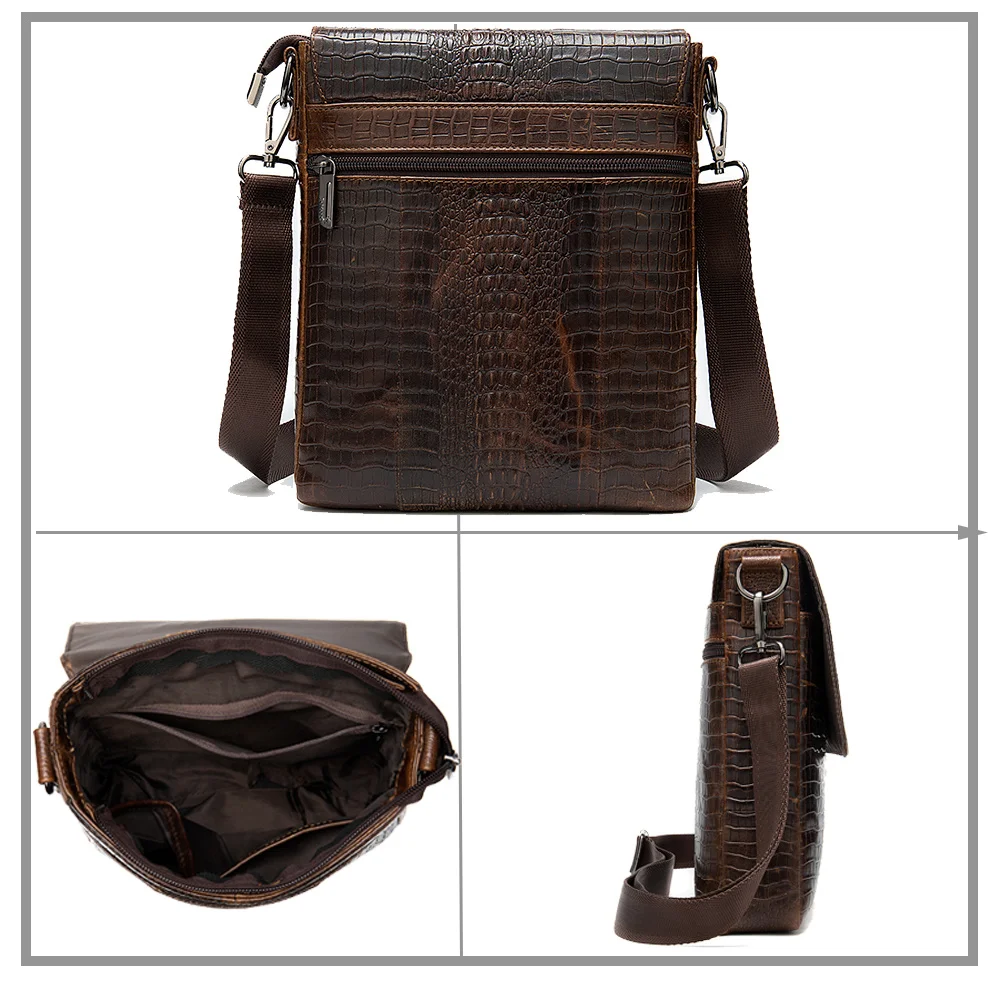 Imagem -02 - Bolsa de Couro Genuíno para Homens Padrão Crocodilo Bolsa Crossbody Vintage Bolsa de Mensageiro com Zíper 8857