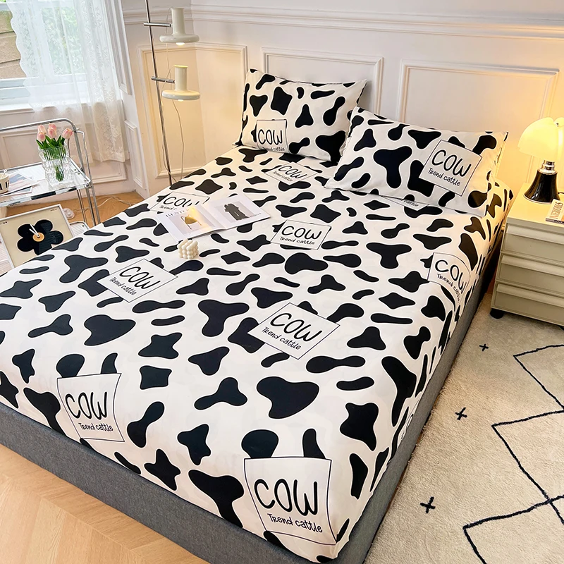 Milk Cow Pattern Fitted Sheet Soft Bedding Set Mattress Covers Four Corners with Elastic Band Non Slip Double Queen Bedspread