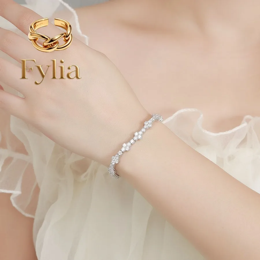 Fylia Jewelry   Luxury Solid Platinum PT950 Women's 3MM Moissanite Diamond Cross Bracelet Full Diamond Bracelet