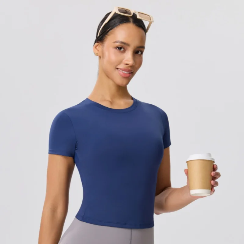 Solid Color Slim Casual Yoga T-Shirt Gym Sports Running Shirts for Woman Fitness Training Breathable Naked Feel Top
