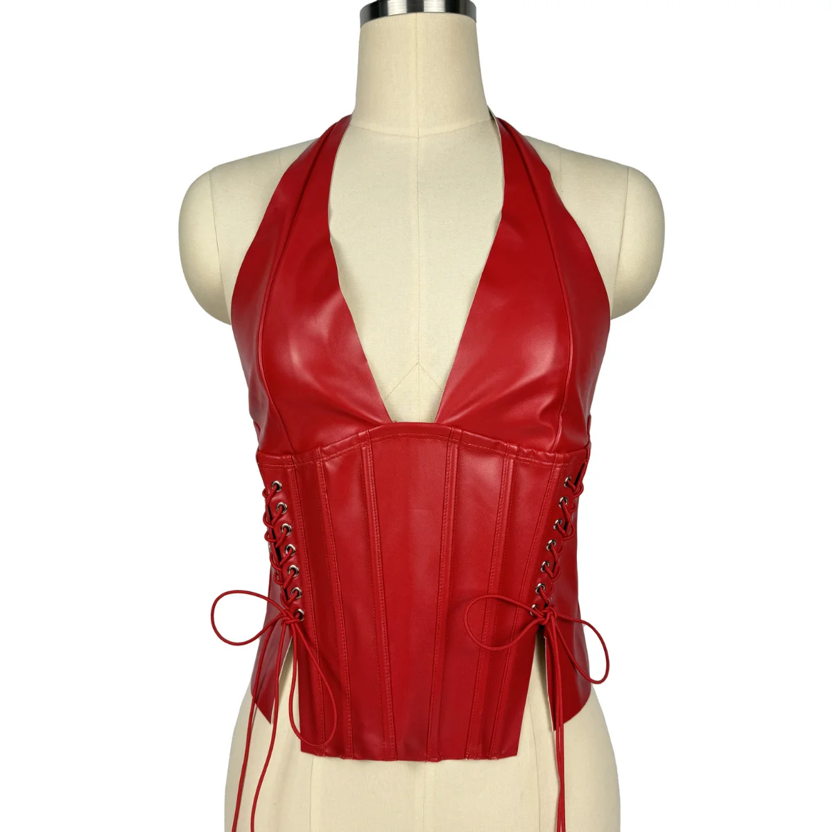 

Pu Leather Backless Corset Tank Top Y2k Clothes Women Bandage Halter Tops Summer Fashion Vest Camisole Party Rave Bustier Blusas