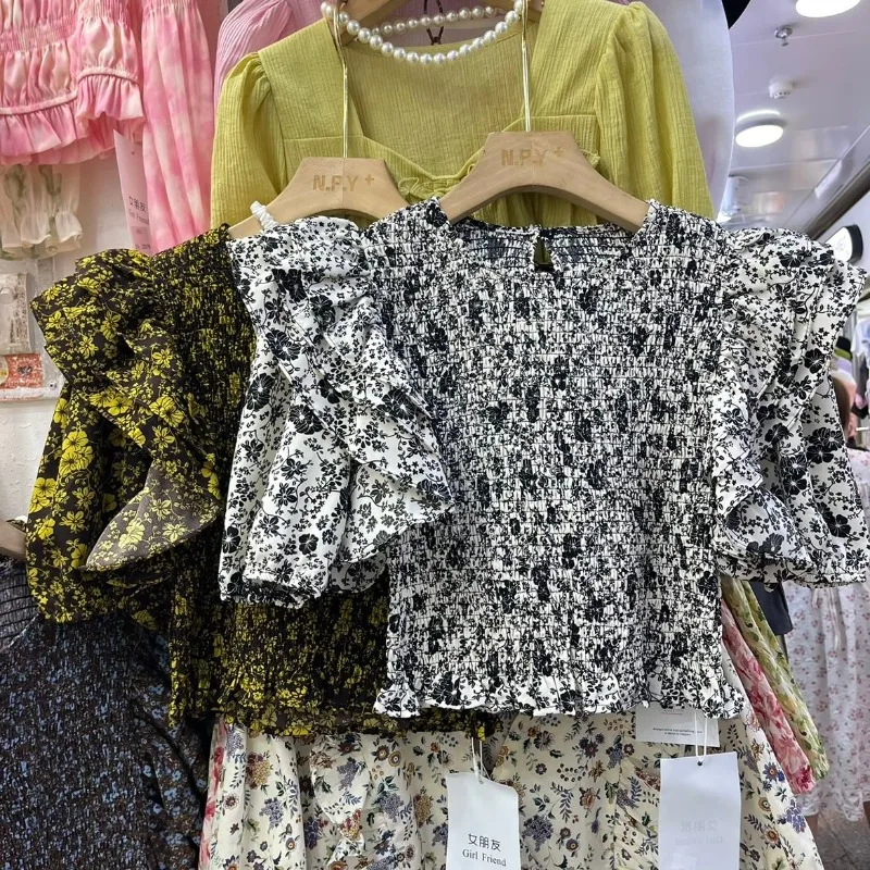 Blusa floral de manga curta feminina, camisas plissadas, blusa feminina elegante, blusa estampada vintage, verão