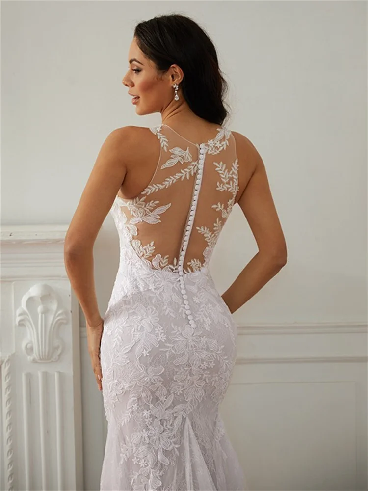 Fodero/colonna pizzo Scoop senza maniche corte treno abiti da sposa elegante abito lungo sottile adatto per la festa di nozze delle donne