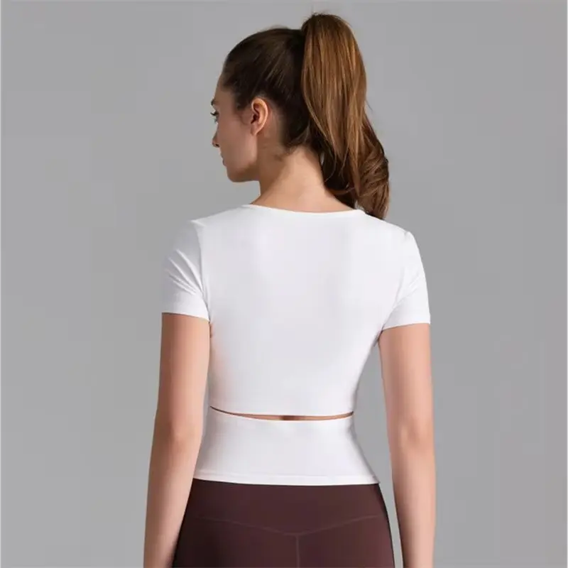 

Summer Yoga Shirts Women Slim Short Sleeves Sports T-Shirt Hollow Out Back Running Shirt Quick Dry Gym Fitness Top Blouse Female