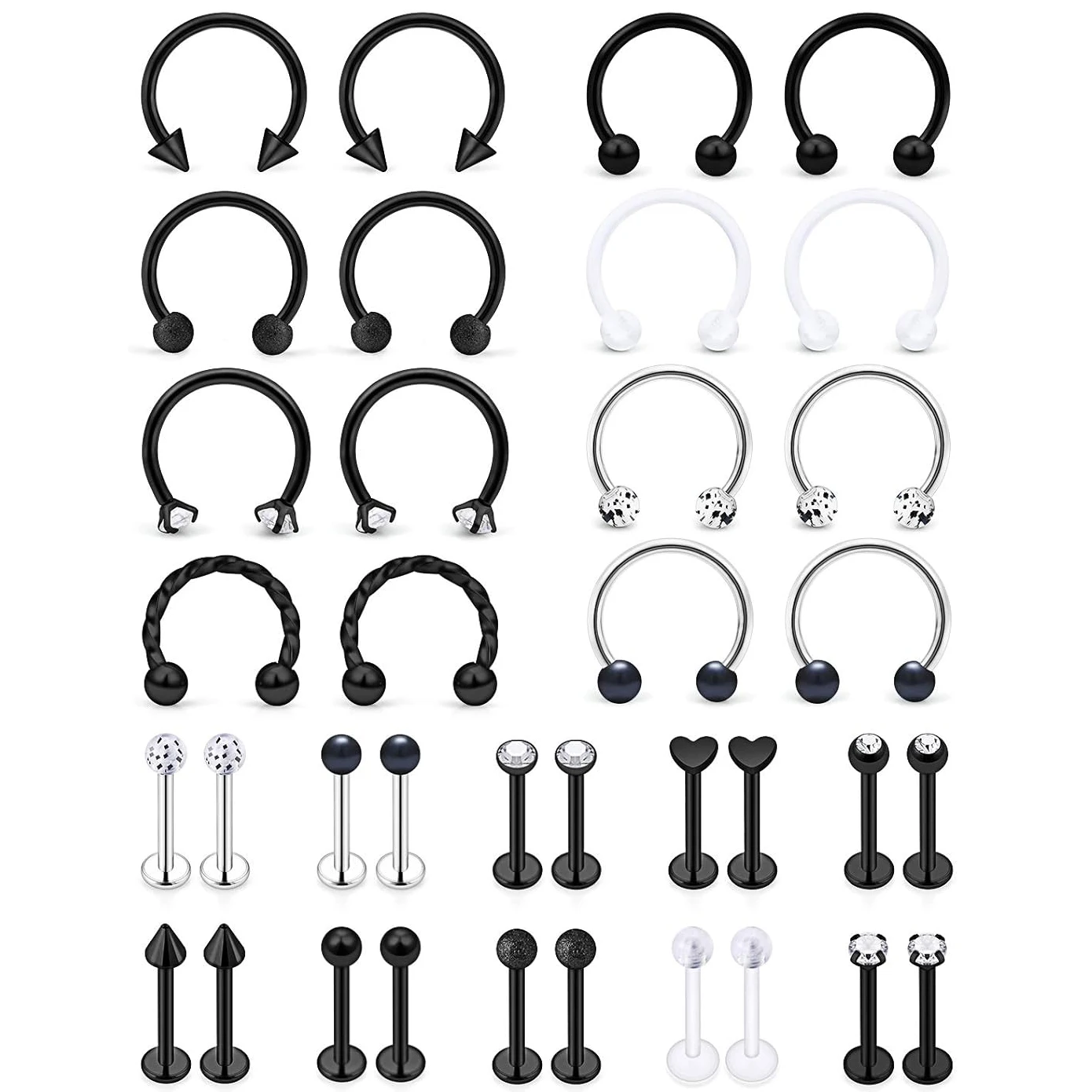 36PCS 16G Stainless Steel Horseshoe Labret Monroe Lip Rings Nail Tragus Helix Earrings Studs Ring Piercing Jewelry 6/8/10/12mm