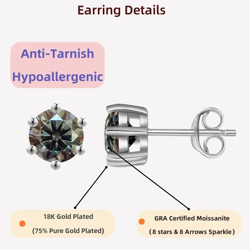 

Ювелирные изделия LAMVOICE для женщин/серьги-гвоздики с серым муассанитом 0,6-4 карата, гипоаллергенные серьги, рождественский подарок для женщин