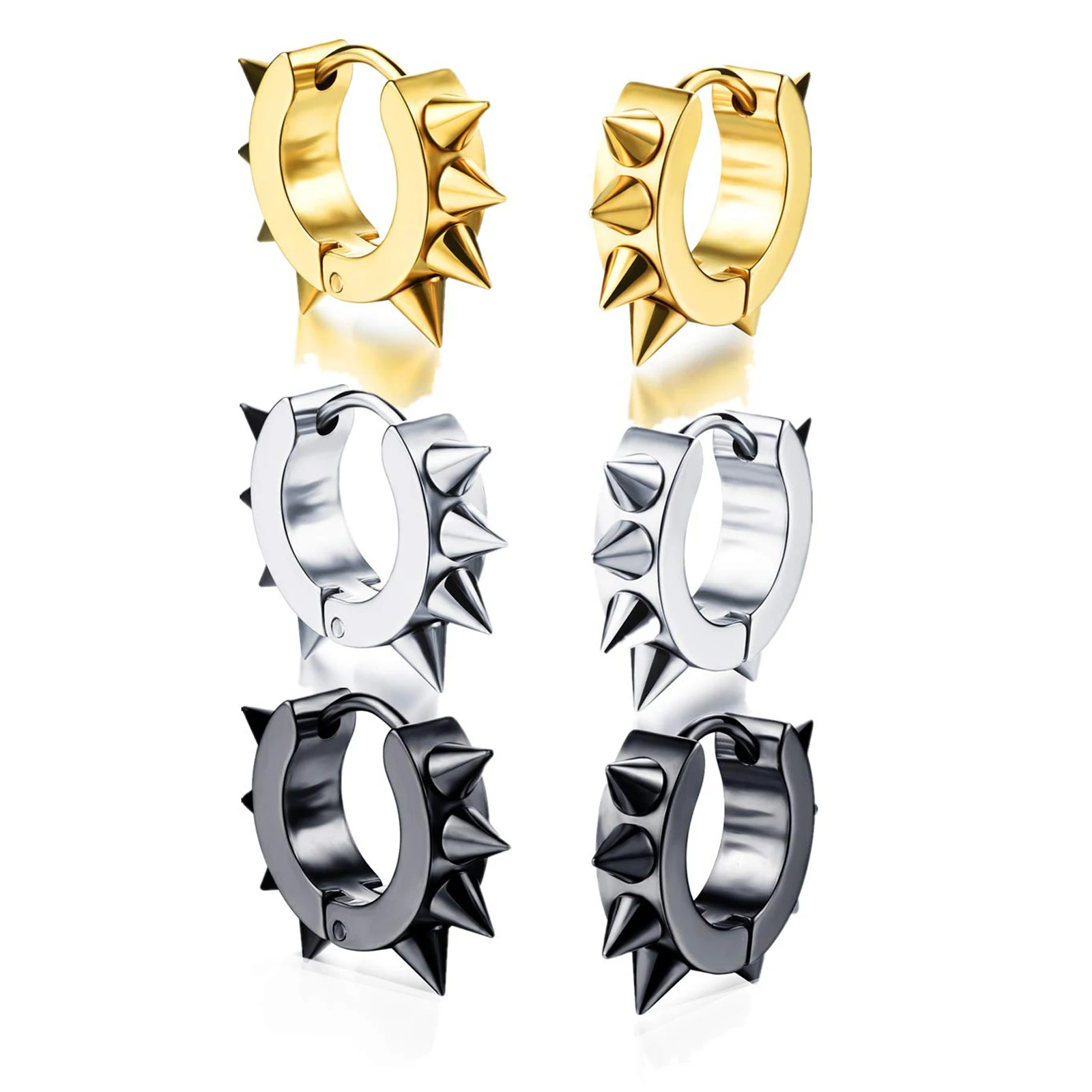 1 Pair Punk Rivets Hoop Earrings Set Stainless Steel Spikes Awl Piercing Taper Huggie Hinged Ear Studs Helix Cartilage Earrings